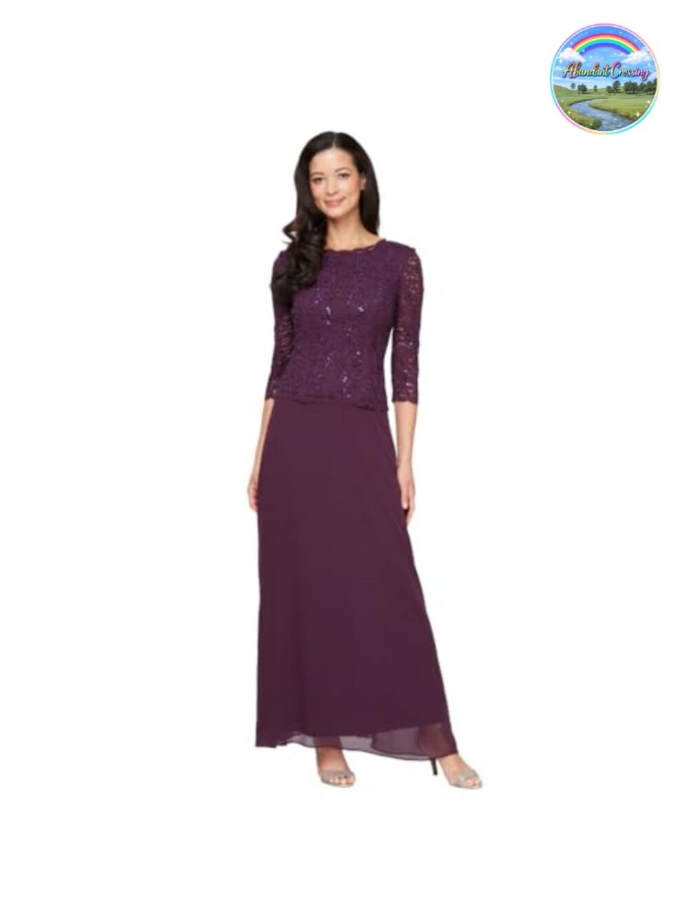 Evenings 3/4 Sleeve Stretch Lace Bodice One Piece Gown Formal Evening Dress